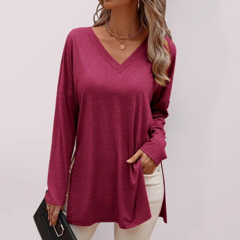 Ashlee Women's Casual Solid Color Simple V-Neck Slit Long-Sleeved T-Shirt