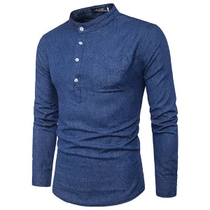 Brief Style Denim Chinese Collar Long Sleeve Casual T-shirt