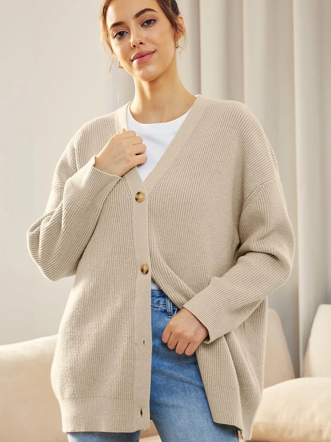 Cashmere Cocoon Cardigan for Women Open Front Oversized Button Down Chunky V Neck Fall Cardigans Sweaters Knit Coat
