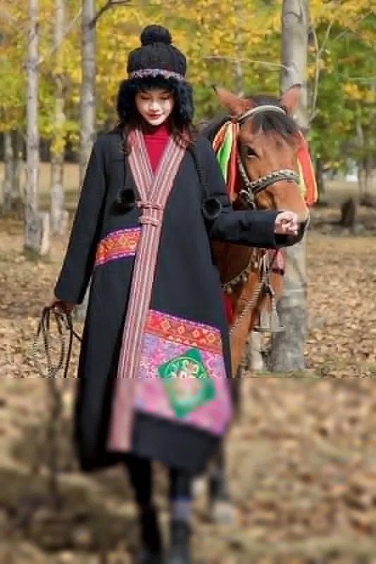 Casual embroidered floral V-neck winter long women's cotton coat