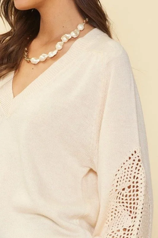 Crochet Sleeve VNeck Sweater