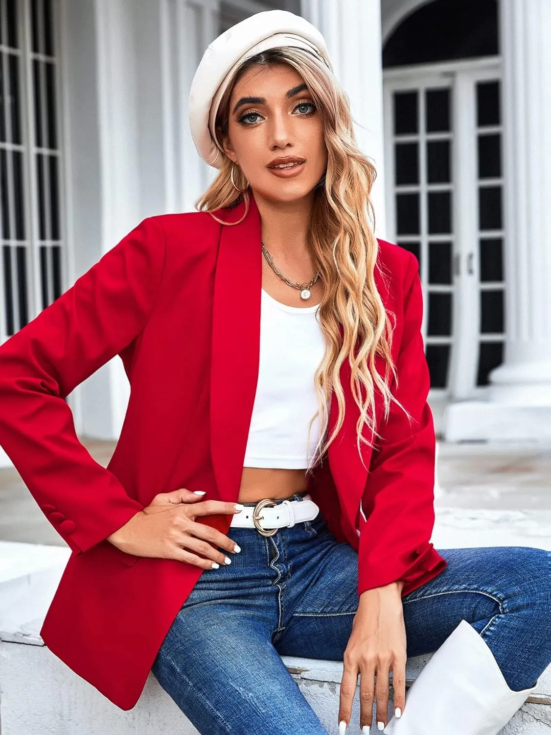 Fashionable Red Long Sleeve Professional Blazer