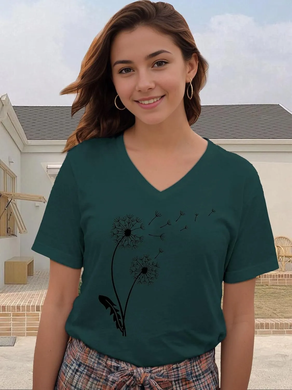 Flower Kindly Shirt for Women Funny Wildflower Plant T-Shirt Bohemian Summer Vacation V Neck Tops