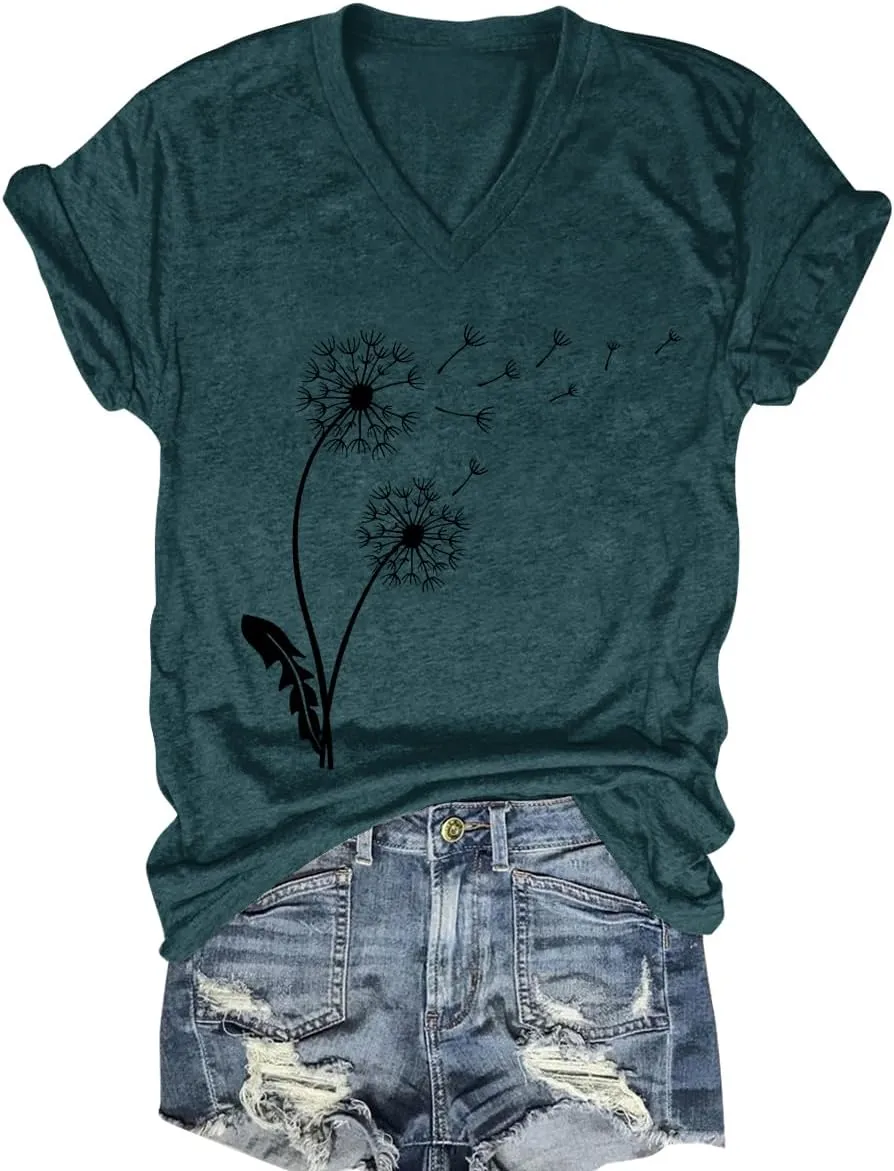 Flower Kindly Shirt for Women Funny Wildflower Plant T-Shirt Bohemian Summer Vacation V Neck Tops