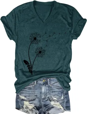 Flower Kindly Shirt for Women Funny Wildflower Plant T-Shirt Bohemian Summer Vacation V Neck Tops