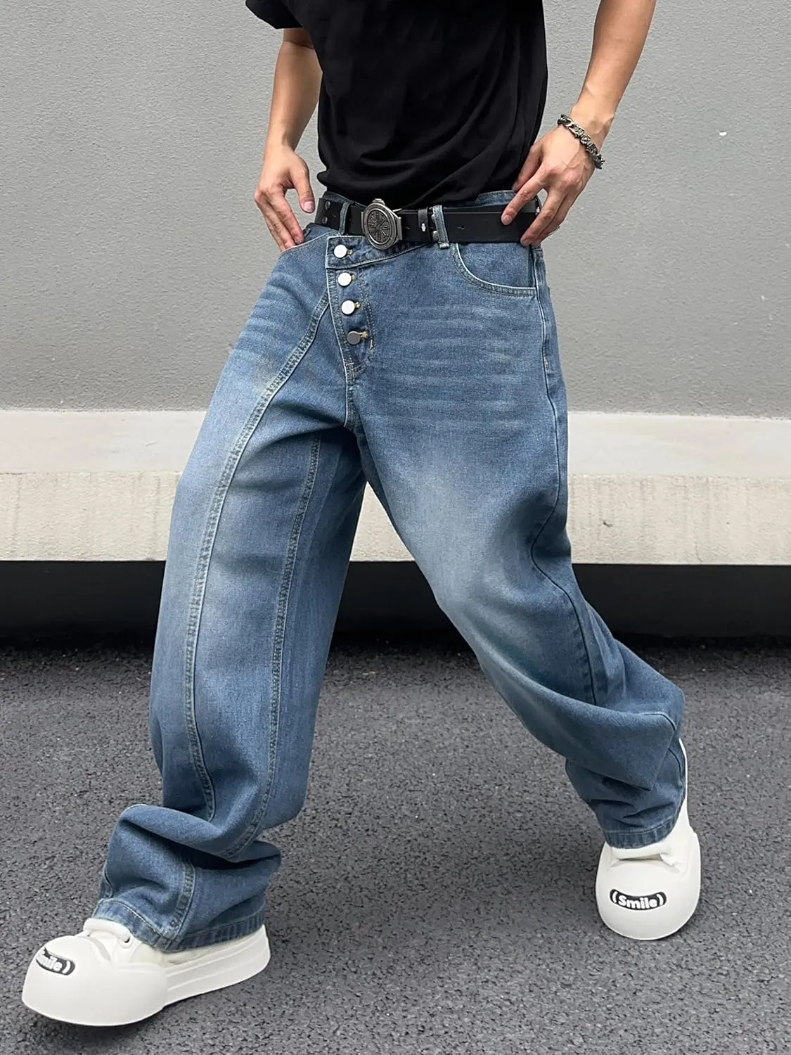 Men's Angled Button Fly Baggy Jeans Hip Hop Y2k Wide Leg Denim Pants Skater Jeans Streetwear