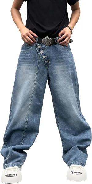 Men's Angled Button Fly Baggy Jeans Hip Hop Y2k Wide Leg Denim Pants Skater Jeans Streetwear