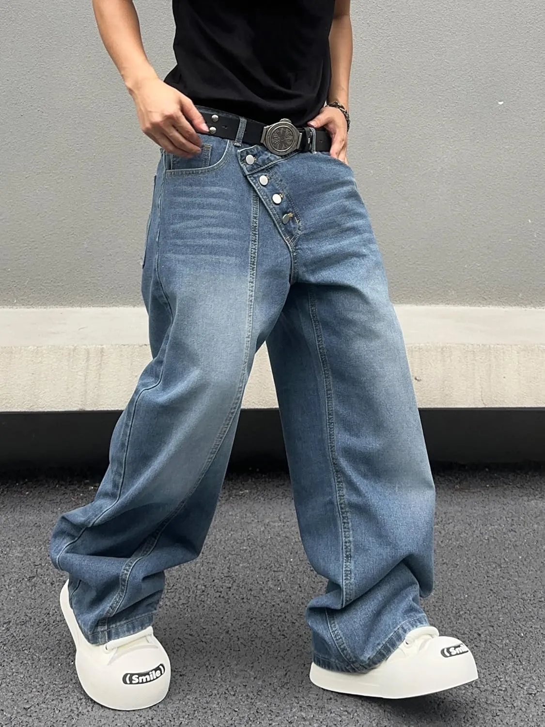 Men's Angled Button Fly Baggy Jeans Hip Hop Y2k Wide Leg Denim Pants Skater Jeans Streetwear