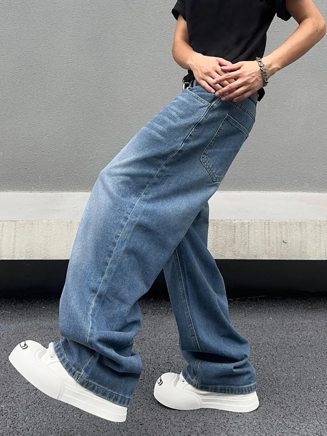 Men's Angled Button Fly Baggy Jeans Hip Hop Y2k Wide Leg Denim Pants Skater Jeans Streetwear