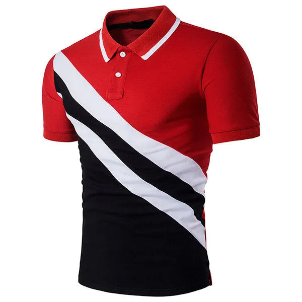 Mens Cotton Casual Diagonal Stripe Printing Short Sleeve Polo Shirt