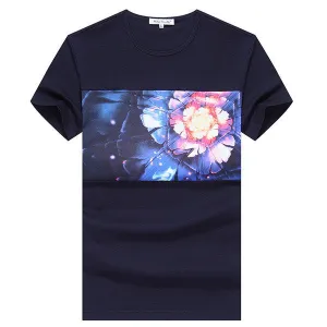 Mens Summer Colorful Flower Printing Round Neck Short sleeved Cotton T-shirts
