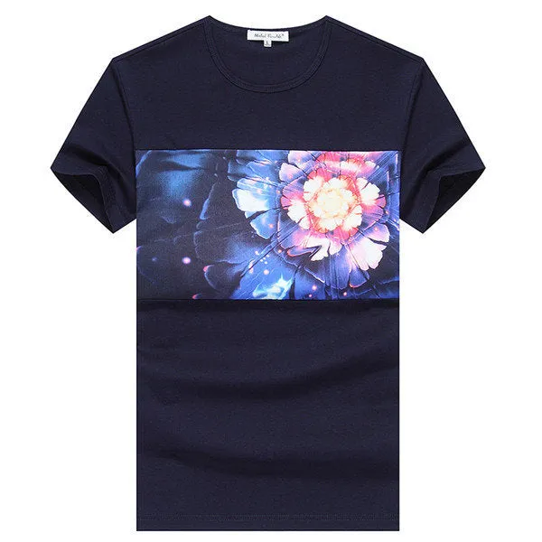 Mens Summer Colorful Flower Printing Round Neck Short sleeved Cotton T-shirts