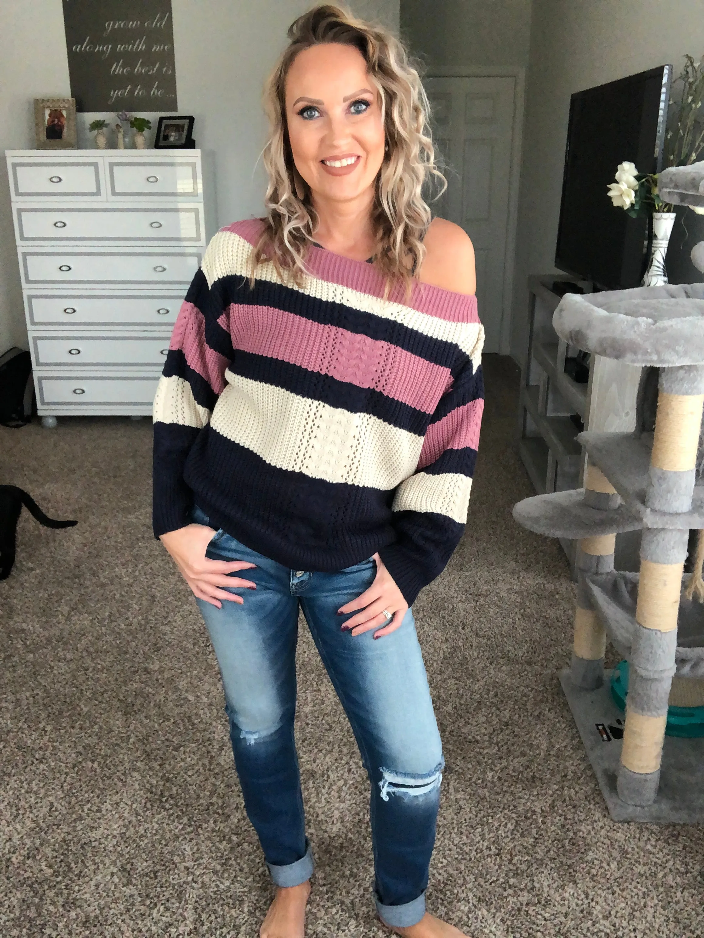 Off the shoulder striped sweater