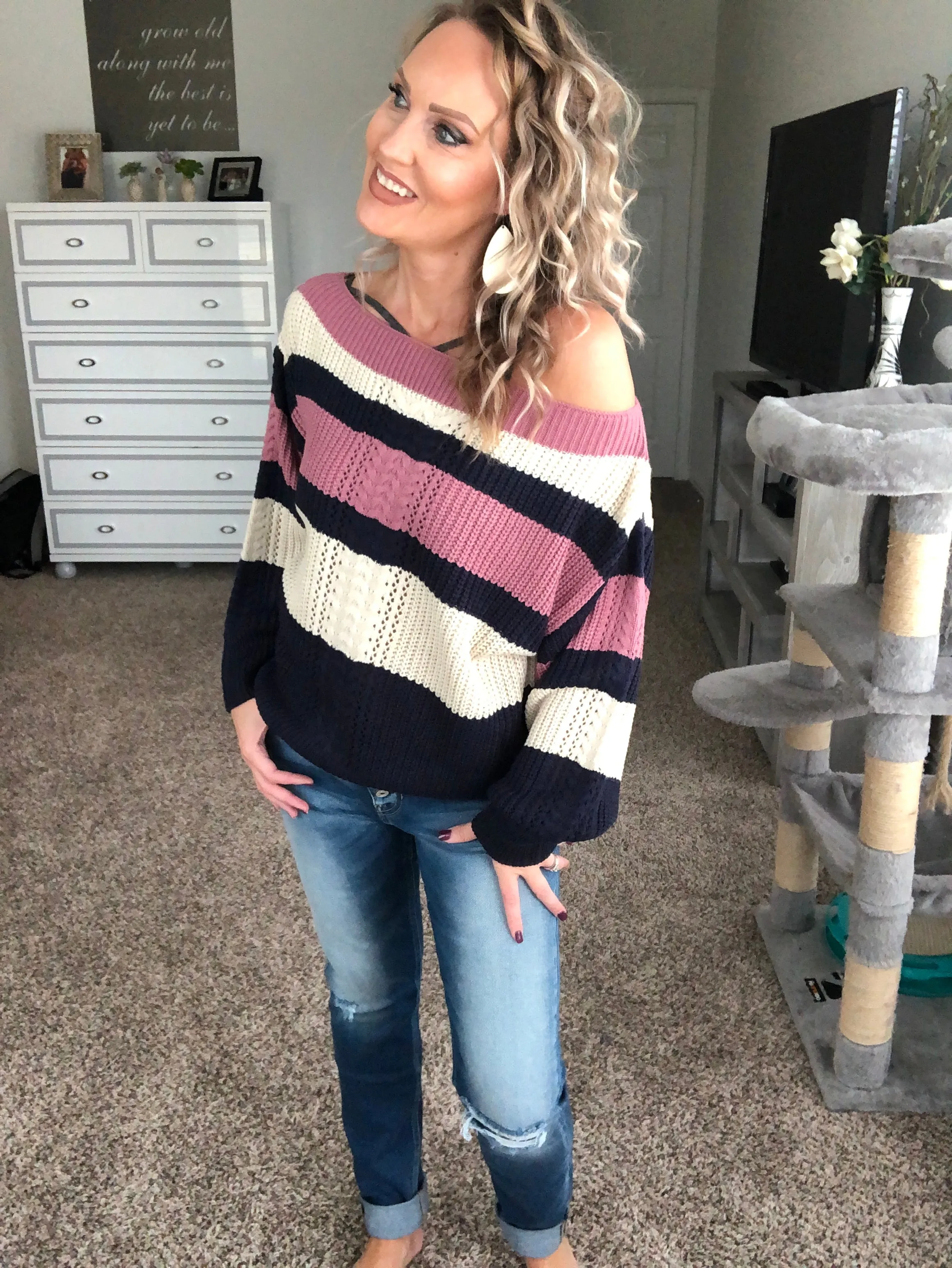 Off the shoulder striped sweater