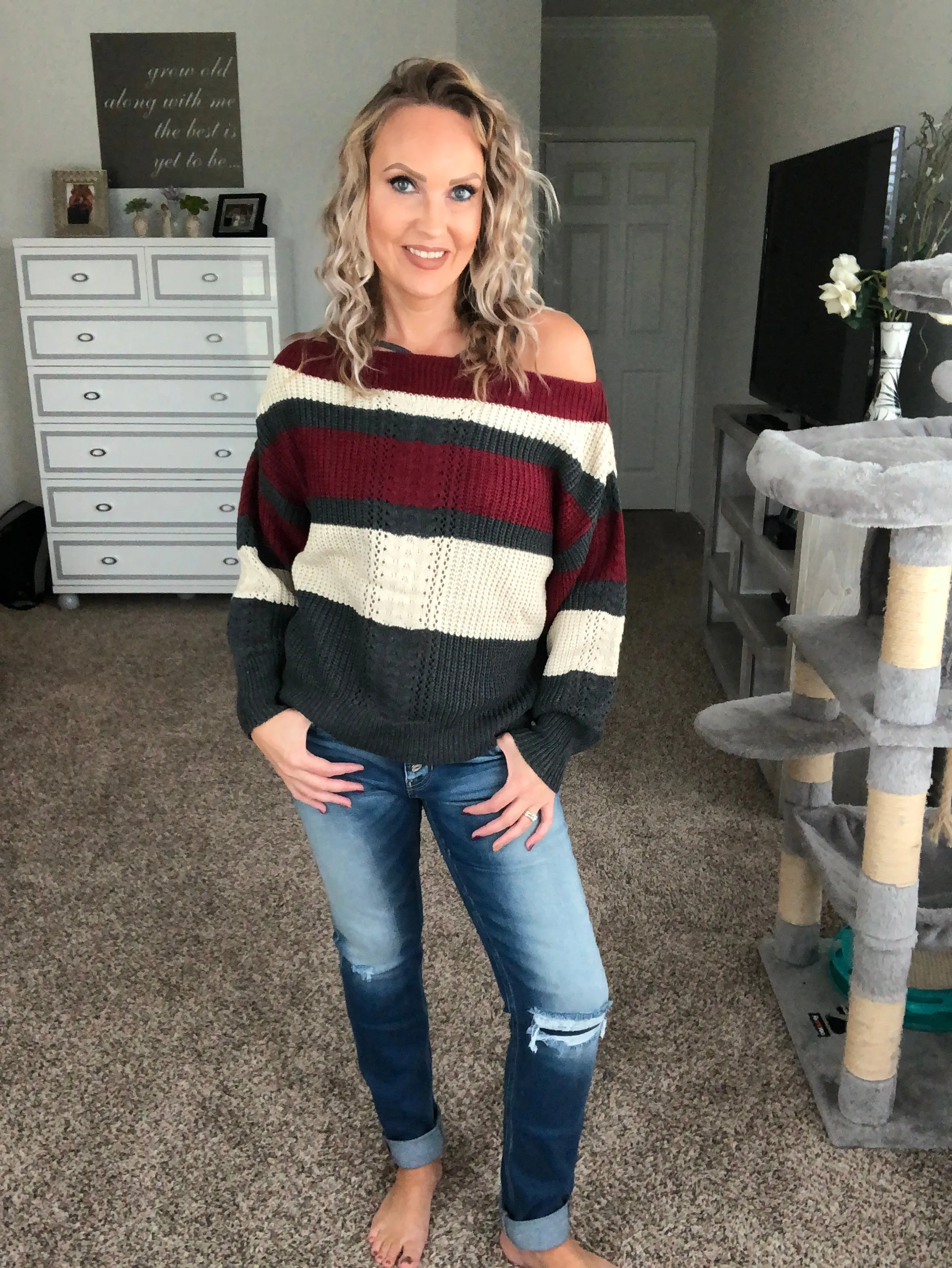 Off the shoulder striped sweater