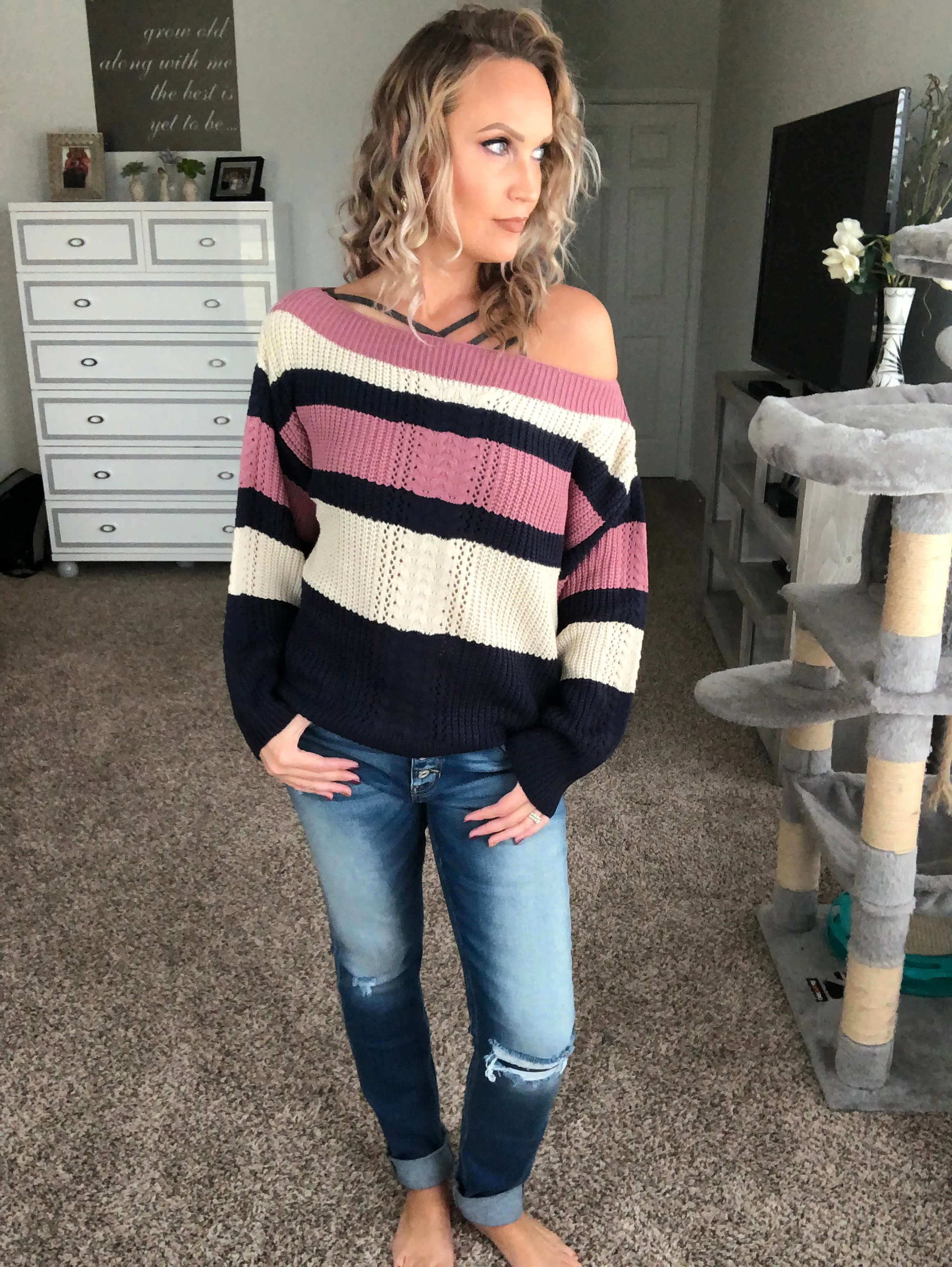 Off the shoulder striped sweater