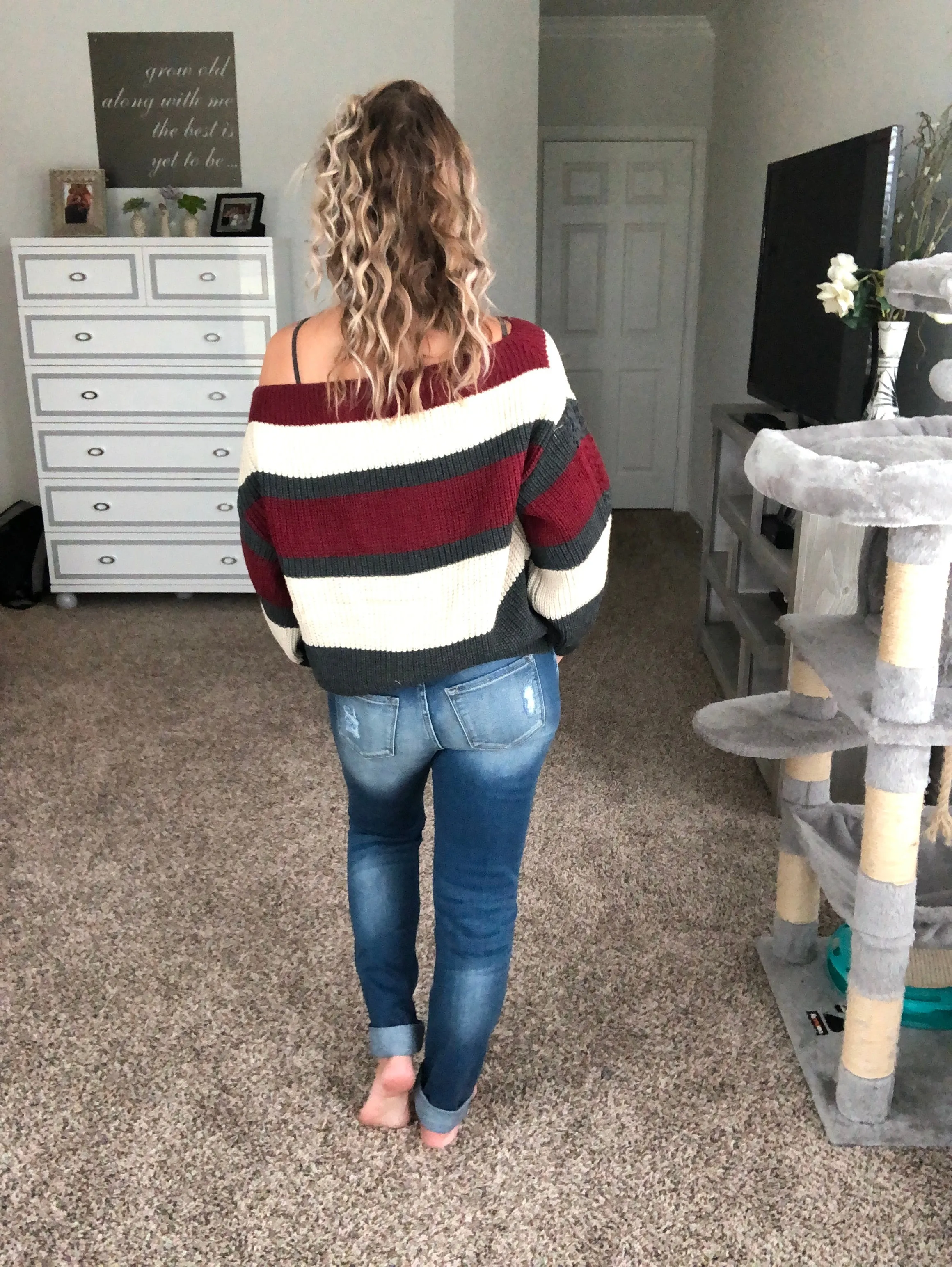 Off the shoulder striped sweater