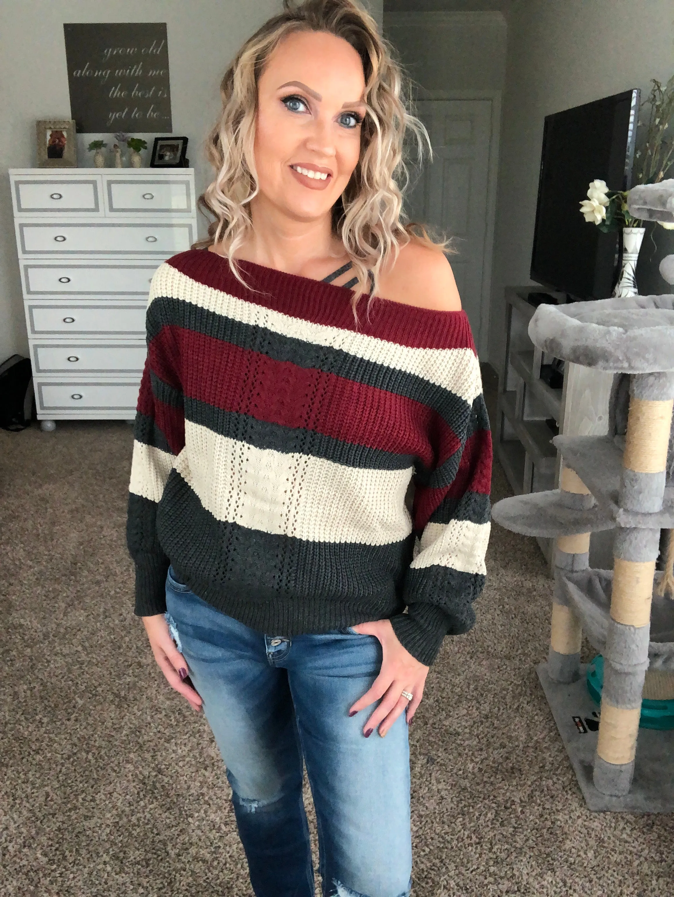Off the shoulder striped sweater