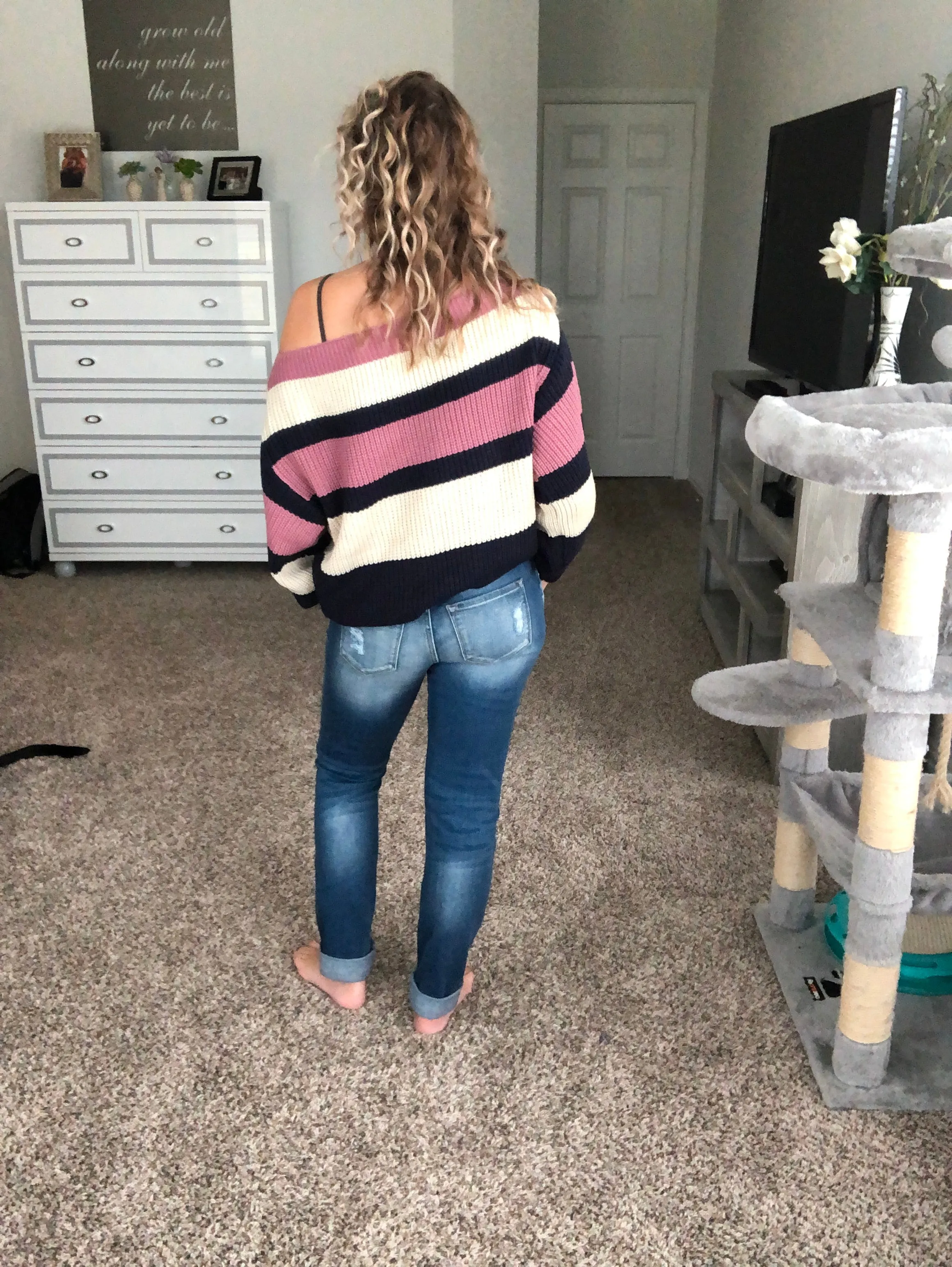 Off the shoulder striped sweater