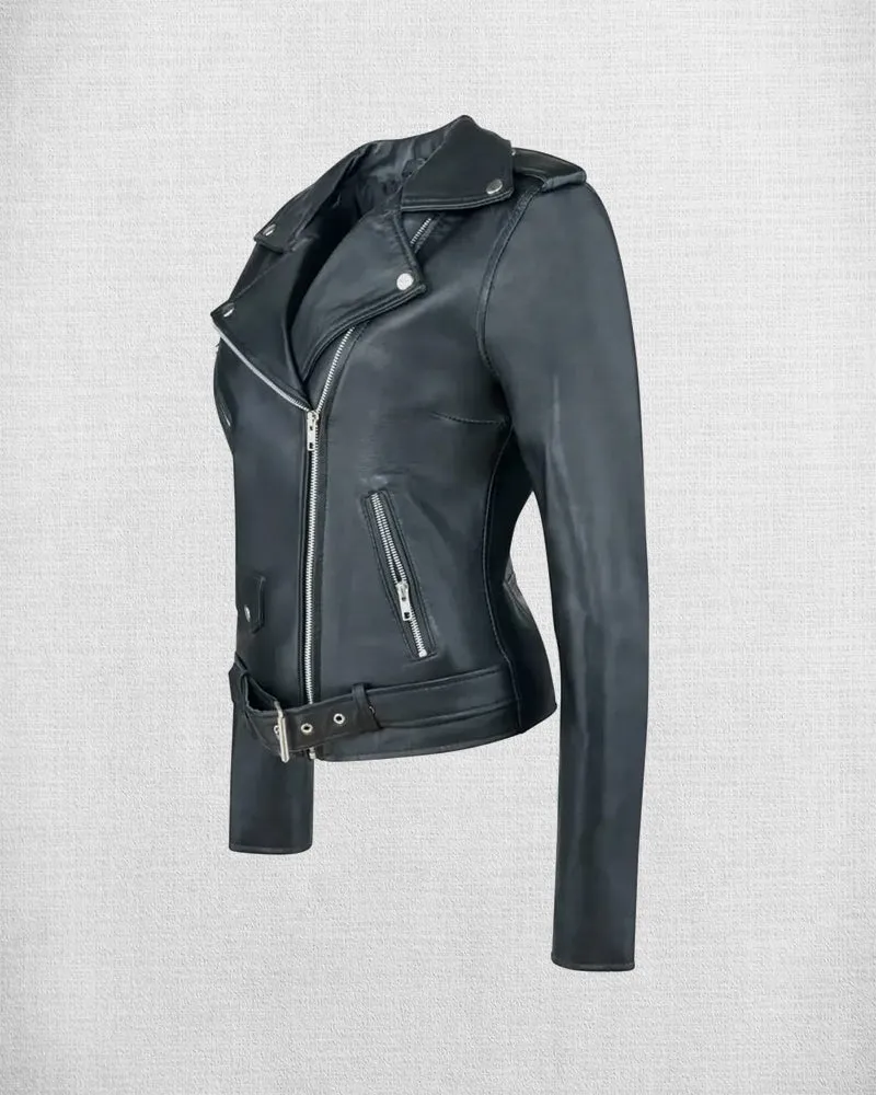 Stylish Black Leather Biker Jacket For Women
