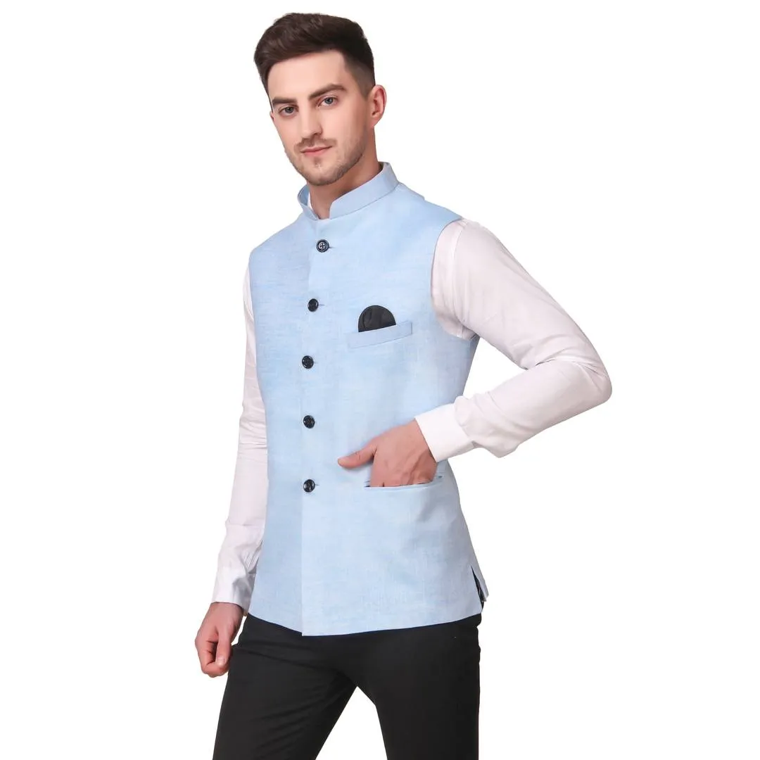 Stylish Cotton Blue Solid Ethnic Waistcoat For Men