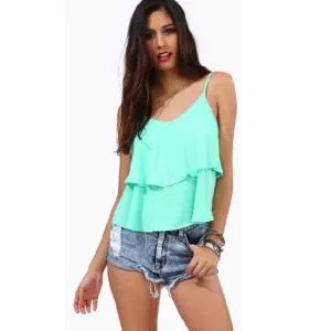 Women Flouncing Straps Layered Hem Tank Top Green - KMWSB753