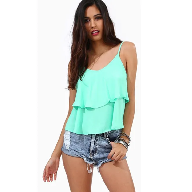 Women Flouncing Straps Layered Hem Tank Top Green - KMWSB753